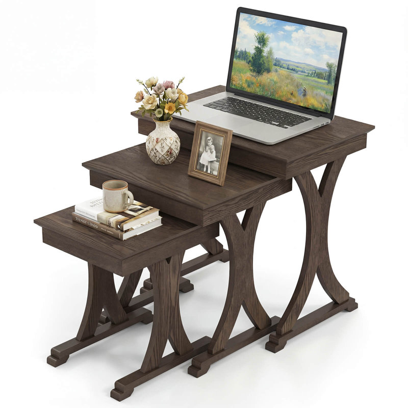 Table basse gigogne 3 pièces, table d'appoint avec pieds en bois d'hévéa massif pour le salon