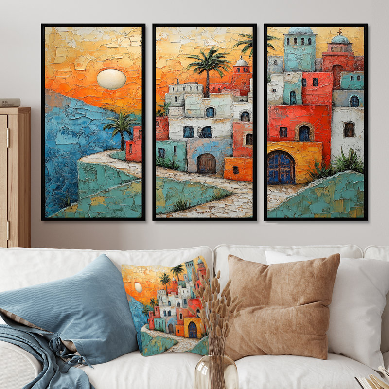 Maroc, ancien village, ensemble de décoration murale Casablanca, Toile avec cadre flottant noir, H 28 po x l 36 po x P 1 po