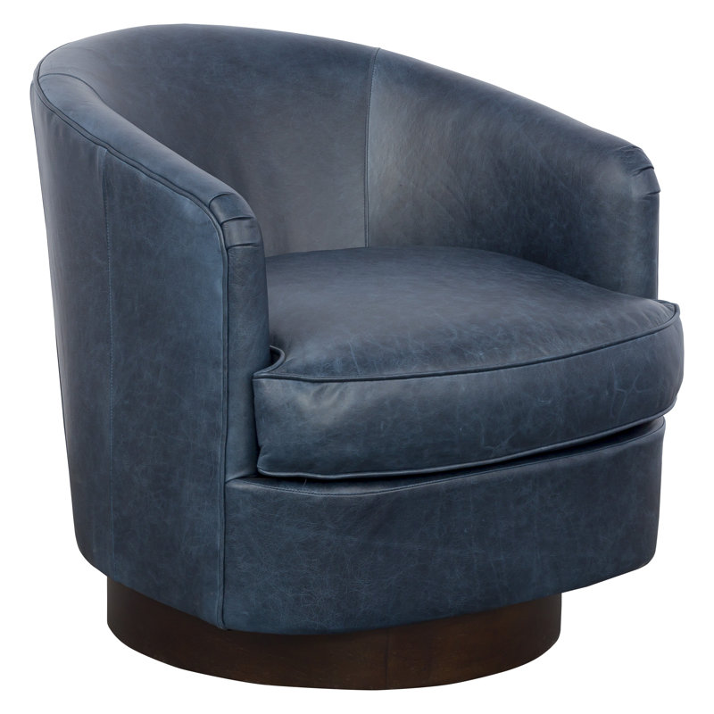 Tipsy Genuine Leather Swivel Barrel Chair, Charcoal, Brown Genuine Leather