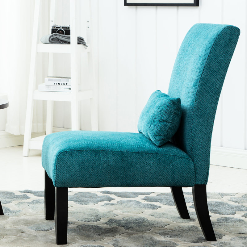 Chaise d'appoint moderne en tissu chenille avec coussin bleu sarcelle et base, pieds en bois massif pour un siège stable