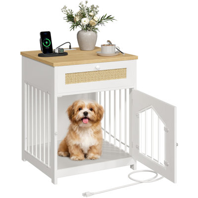 Dog Crate Furniture with Power Outlet, End Table Pet Crate with Rattan-Look Drawer, Wooden Dog Kennel for Small Dogs, Indoor Pet House for Living Room
