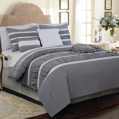 12-Piece Bed-In-A-Bag, Isabella Pleated Ruched Ruffled Comforter Set, 6-Piece Sheet Set Featuring Smart Pockets, Matching Decorative Pillows, All Season Bedding