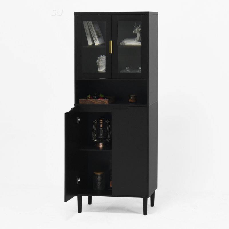 Tempered Glass Door Tall Storage Bookcase With Adjustable Shelves, 4 Doors MDF Painted Cabinet For Living Room And Bedroom