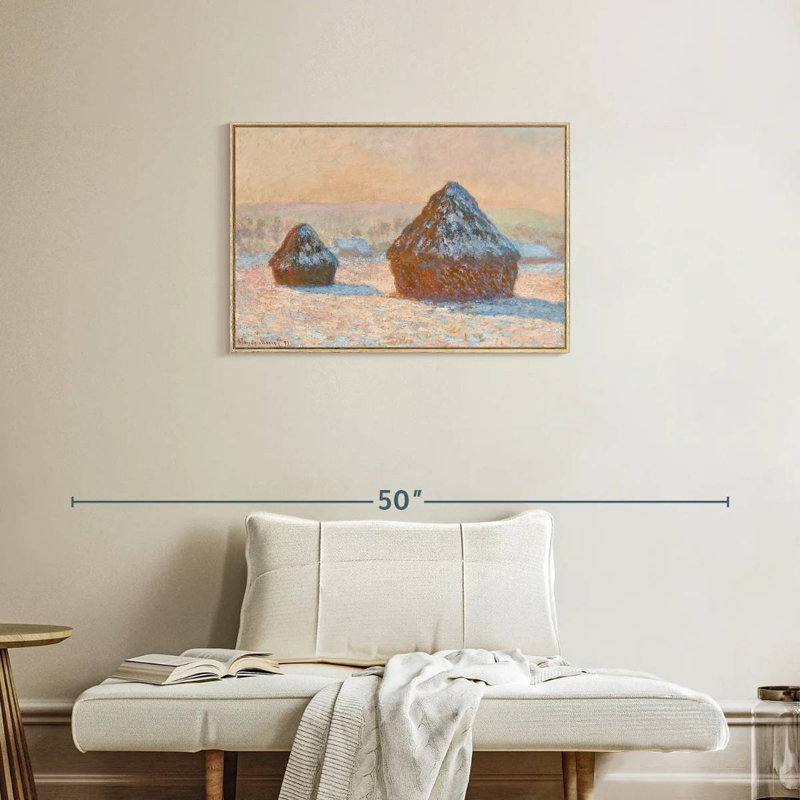 Wheatstacks Snow Effect Morning 1891, Cadre flottant en bois naturel, 31 po x 21 po