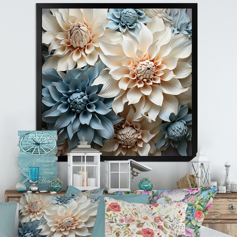 «White and Blue Dahlia Symphony IV», reproduction sur toile, Cadre simple noir, H 24 po x l 24 po x P 1 po