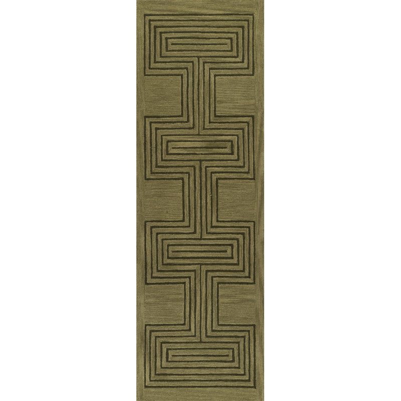 Orlie Hand Tufted Wool Geometric Area Rug in Brown, Green, Runner 2'6" x 8'