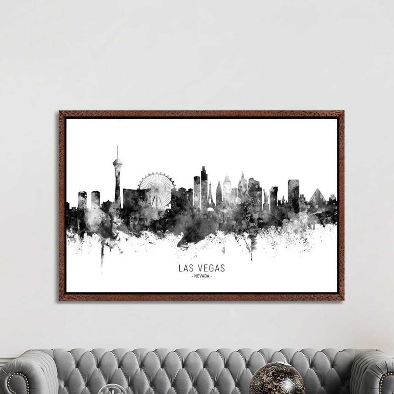 Las Vegas Nevada Skyline Name Black And White by Michael Tompsett - Print on Canvas, Classic Brown Wood Framed