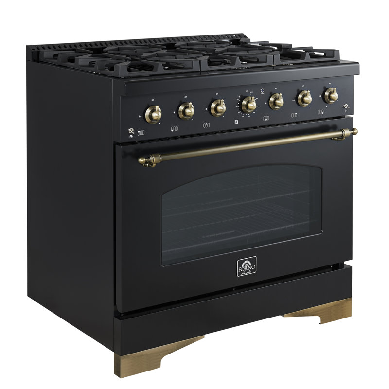 Forno Antico 36-inch Gas Range with 6 Sealed Burners 71,000 BTU, 4.5 cu.ft. Convection Oven, Antique Brass Design, Energy Efficient