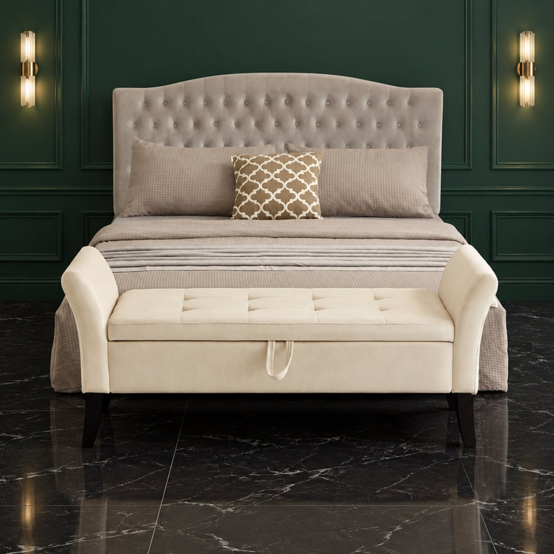 Banc de rangement capitonné avec accoudoirs, Beige