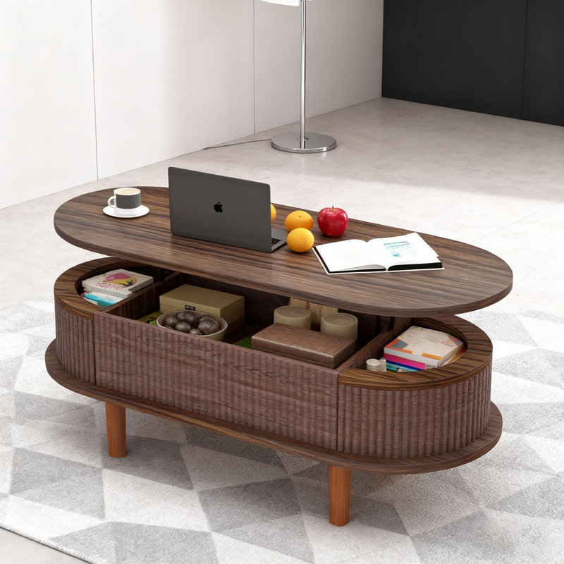Modern Fluted Lift Top Coffee Table, Walnut Wood Grain Center Table With 3 Hidden Storage Compartments, Stable Hydraulic Mechanism For Living Room & Office | Gift Idea