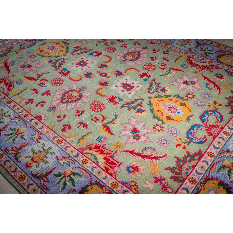 Hand-Knotted Light Green Wool Traditional Floral Oushak Area Rug