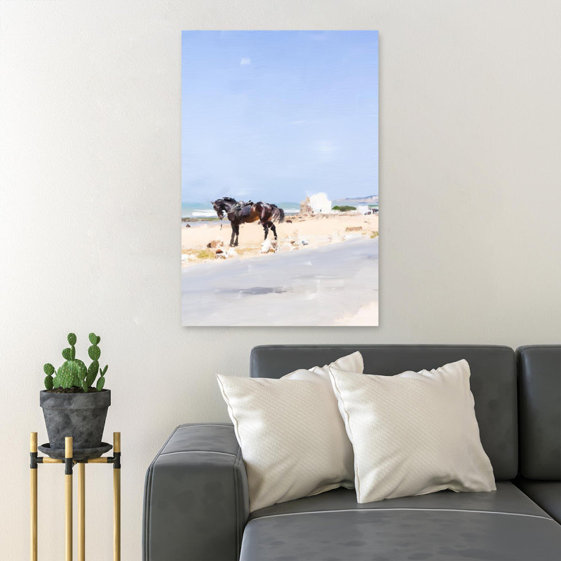 Cheval brun sur la plage pendant la journée 1 - 1 pièce, reproduction d'art graphique sur toile tendue, H 36 po x l 24 po