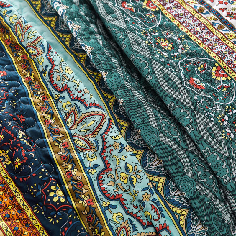 Ensemble de courtepointe réversible 3 pièces Boho, Brun/vert, Courtepointe très grand et 2 très grandes taies 