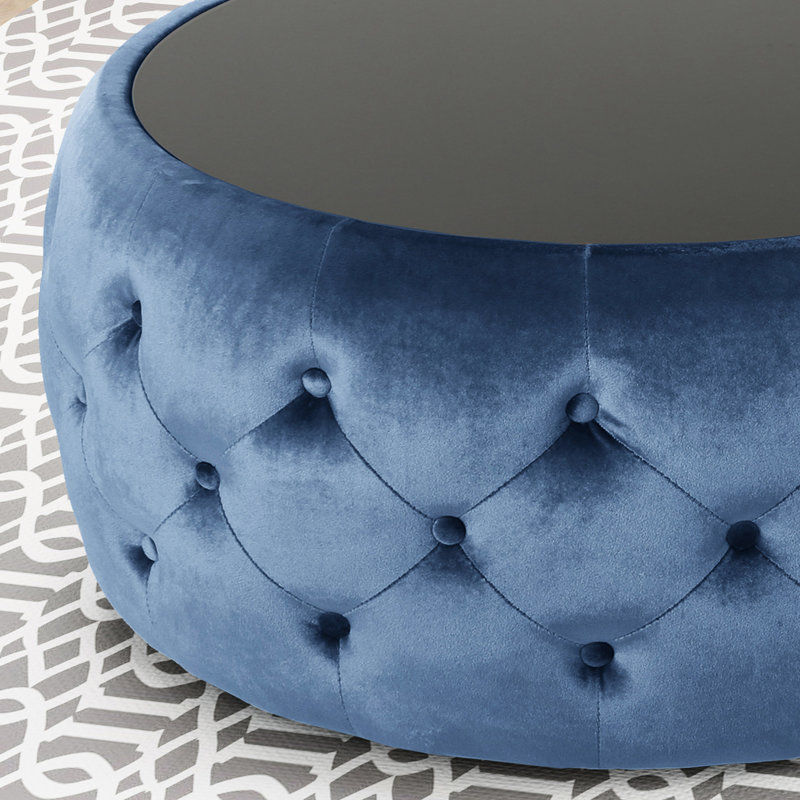 Dark Blue Modern With Button- Upholstery And Strong Tempered Glass, 29.42" W X D 14.91" H Velvet Embellishment, Blue, Glass Top, Class, 30" 14.5