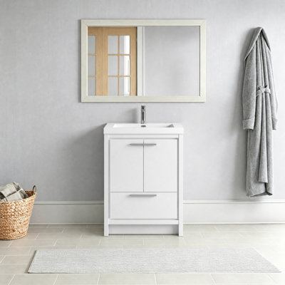  Meuble-lavabo simple de 24 po avec comptoir en résine blanc brillant, HG.White Design moderne pour petite salle de bain