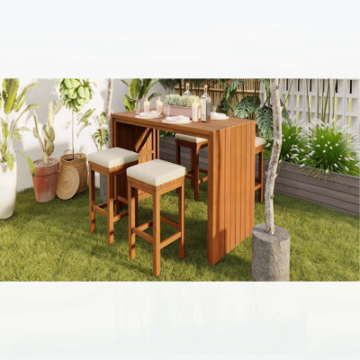 Ensemble de bar d'extérieur 5 pièces avec table et tabourets en bois d'acacia, coussins beiges pour patio, jardin, bord de piscine, balcon