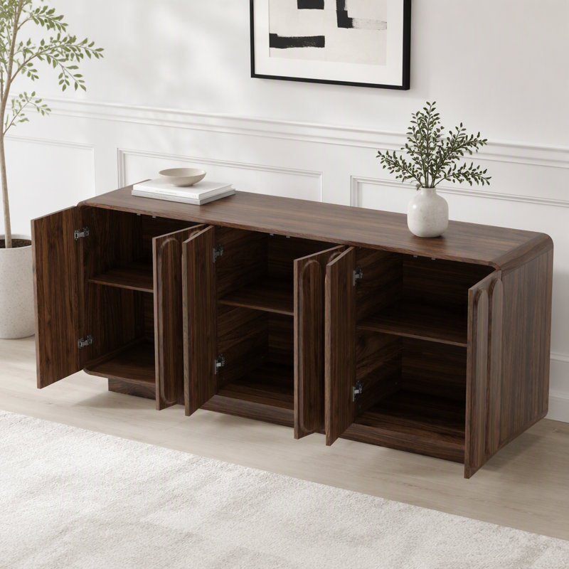 Buffet 6 portes, portes incurvées texturées, buffet de rangement en bois avec tablettes réglables, armoire latérale de grande capacité