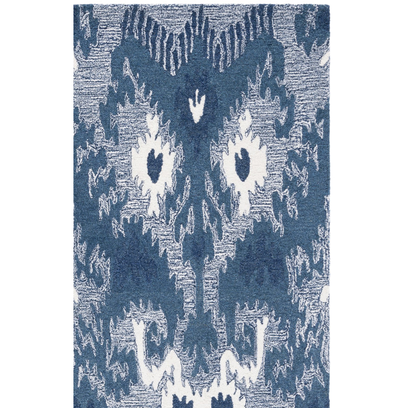 Tapis bleu / ivoire en laine / coton touffeté à la main Ikat, Rectangle 3 pi x 5 pi