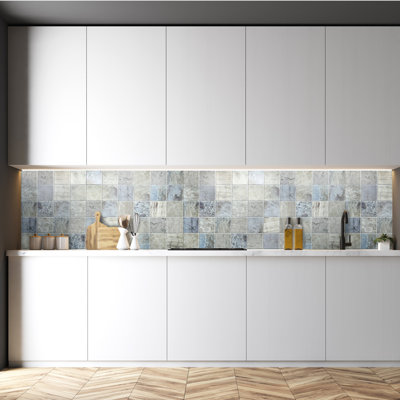 Blue Beige Faux Distressed Marble Squares, 3.2 Ft X 1.6 Ft, Pvc 3D Wall Panel, Interior Design Wall Panelling Decor Commercial And Residential Application, 5 Sq. Feet