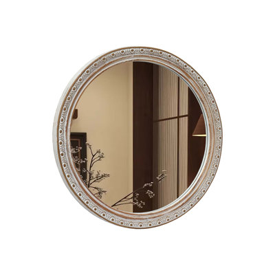 Ornate Round Wall Mirror with Distressed Carved Frame for Decorative Hanging in Bathroom, Bedroom, and Living Areas