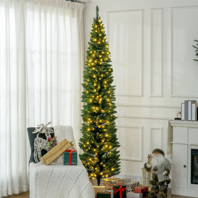 8' Tall Pre-Lit Slim Noble Fir Artificial Christmas Tree with 300 Warm White LED Lights and 618 Tips, Perfect for Festive Home Decor