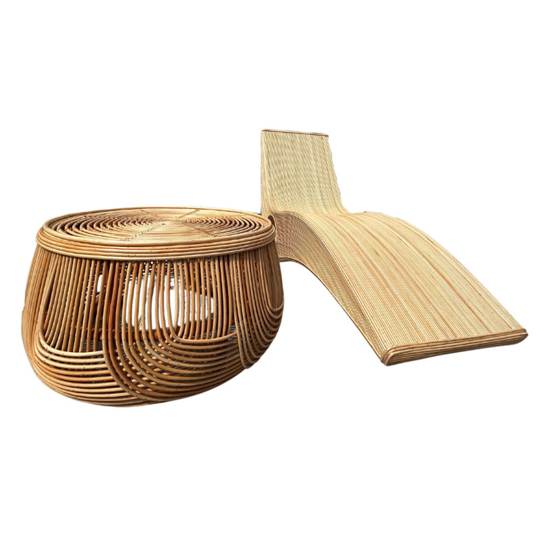 Natural Rattan Lounge Set (2 Louge Chairs And A Coffee Table)