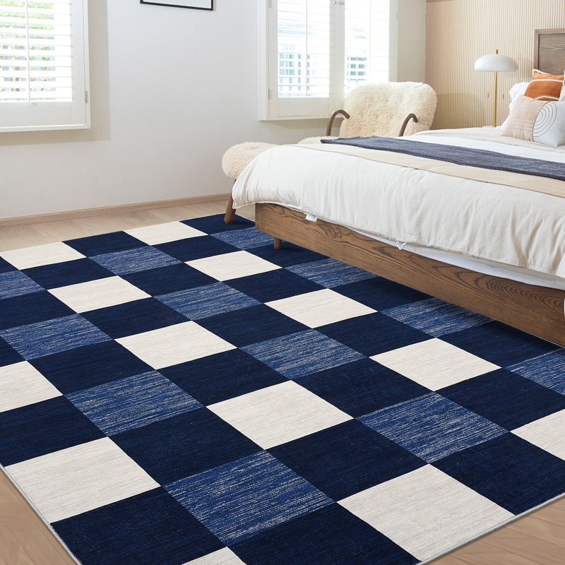 Large Area Rugs 9x12 -Soft Modern Plaid Dining Room Rugs, Stain-Resistant Low Pile Indoor Floor Cover, Machine Washable Checkered Accent Carpet for Living Room, Bedroom, Navy Blue
