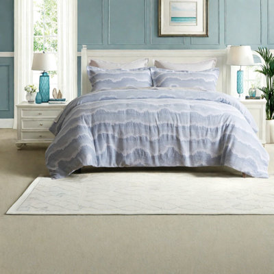 Premium 3-Piece King Cotton Bedding Sets, Blue Jacquard for Modern Home