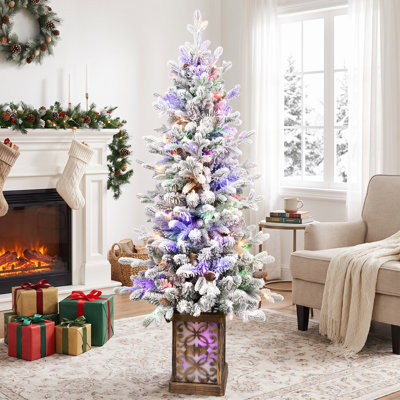 Arbre de Noël artificiel enneigé 4 pi avec 100 lumières DEL multicolores, 396 pointes en PE / PVC, pommes de pin et pot de paillettes lumineux
