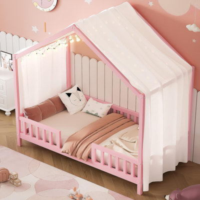 Montessori Floor Bed With Canopy, Twin Bed Frame For Kids, House Shape Toddler Bed Frame With High Railings, Wood Kids Bed With Roof, Kid Twin Bed