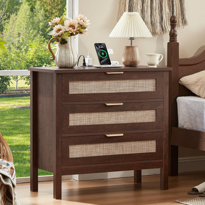 31.5" Wide Rattan Night Stand with Charger Station, Large Boho 3 Drawer Nightstand, Wood Bedside Table with Storage, 30" Tall Bed Side End Tables for Bedroom, Living Room, Hallway