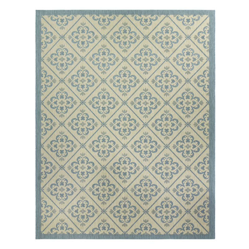Paseo Gralf Oasis Blue/Beige Transitional Checkered Medallion Indoor/Outdoor Flatweave Area, Rectangle 7'10" x 10'