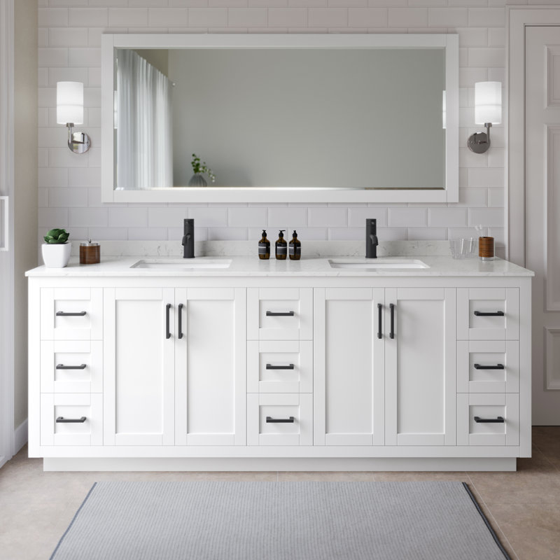 Miranda 84" Freestanding Double Bathroom Vanity with Cultured Marble Top, Matte Black, White, Carrara Cultured Marble