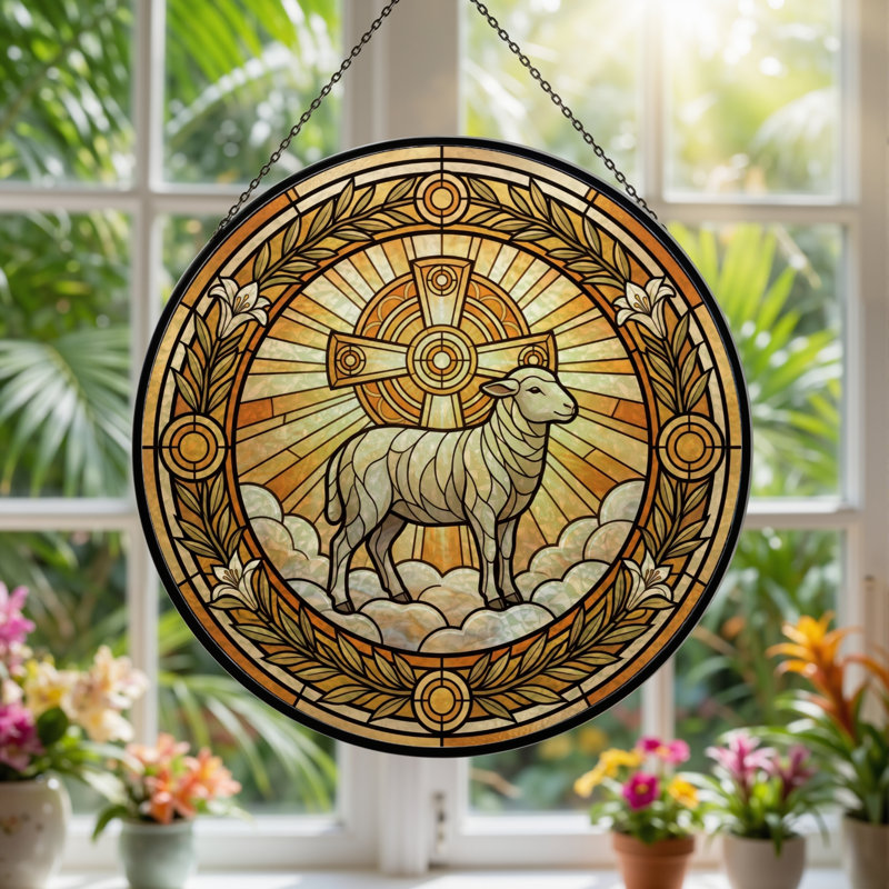 Panneau de vitrail en verre agneau H 12 po, H 12 po