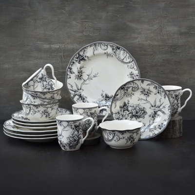 16-Piece Black Porcelain Dinnerware Set – Service For 4, Featuring Hand-Applied Romantic Woodland Bird Design, Everyday Big Dinner Plates And Bowls Sets, Microwave & Dishwasher Safe