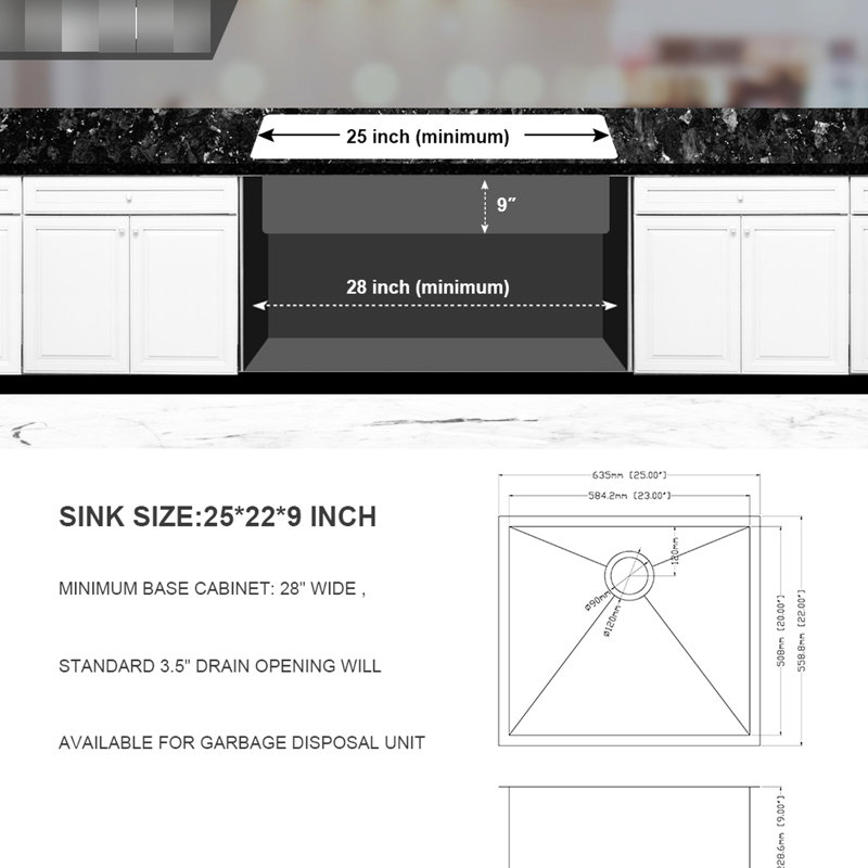 25 Inch Kitchen Sink - Stainless Steel With Condensation Pad And Template Deep Single Bowl 18 Gauge Coating