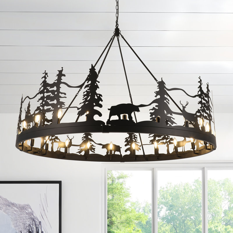 Black Farmhouse Wagon Wheel Chandelier, 20-Light Rustic Island Light, Western Dinning Living Room Entryway Pendant Light