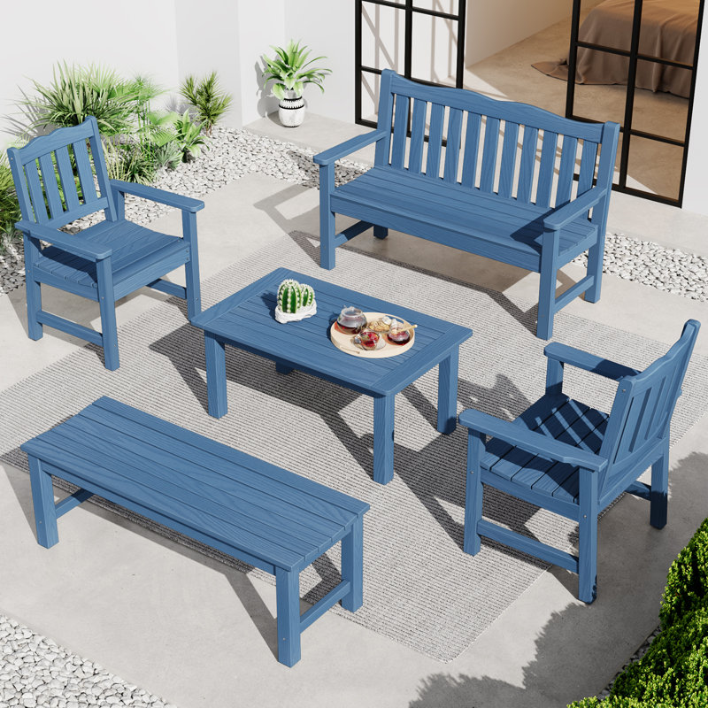 6 - Person Outdoor Bench & Garden Chair Set,hips 5-piece Patio Furniture Group, Blue