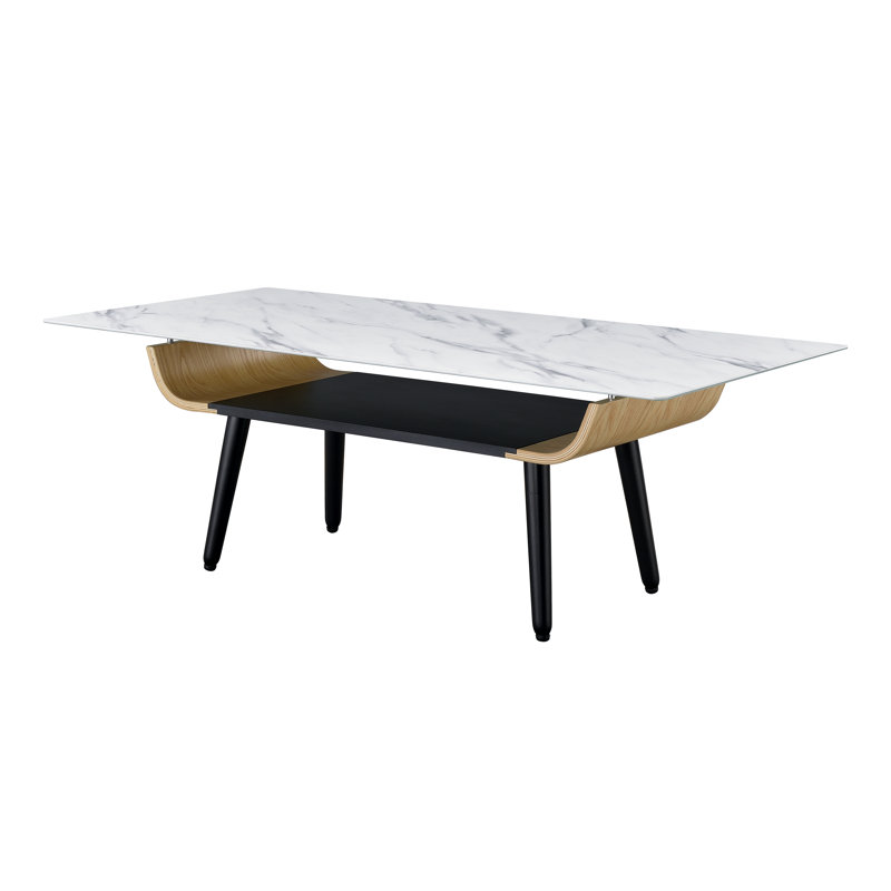 Table basse Landon de 47 po avec plateau en verre marbré blanc et bois cintré, White/Natural/Black