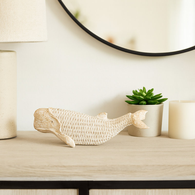 Modern Resin Whale Figurine Sculpture for Home Decor - Decorative Statue Accent for Desks, or Living Room Decoration - 16", White & Brown