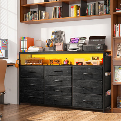 43.8" Dresser With Led Lights, Charging Station, 10 Fabric Drawers & Easy Assembly