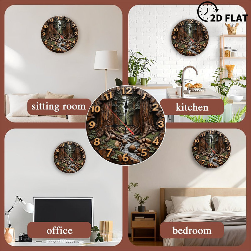 Wooden Wall Clock Redwood Forest Stream