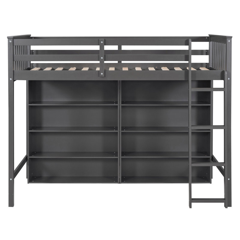 62.2''H Wooden Loft Bed with Storage Shelves,Space Saving Design Bed with Built-in Ladder, Twin, Gray