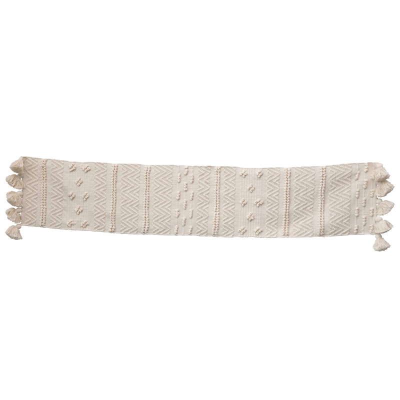 Woven Cotton Textured Table Runner with Pom Poms & Tassels