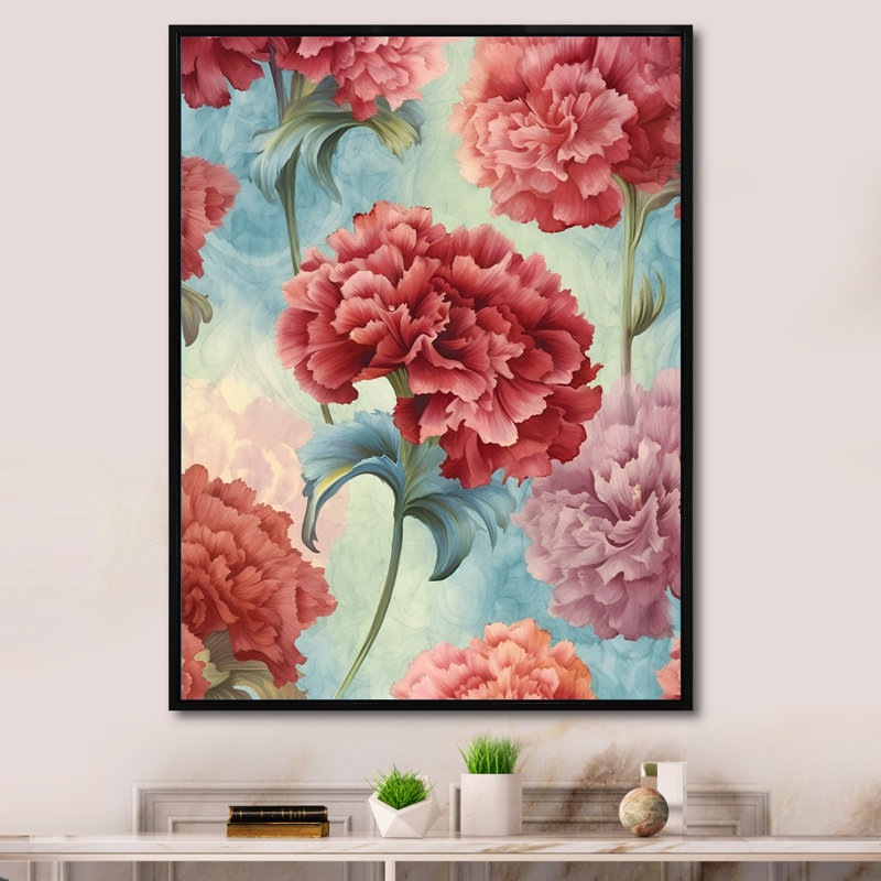 Harmonie des œillets rouges sur toile, H 44 po x l 34 po x P 1,5 po, Cadre flottant noir