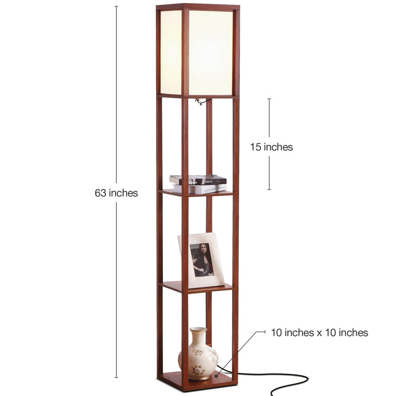Maxwell 63" Modern LED Shelf Floor Lamp with Walnut Brown Finish, 3 Tiers, and Fabric Square Shade, Bulb Included, Brown