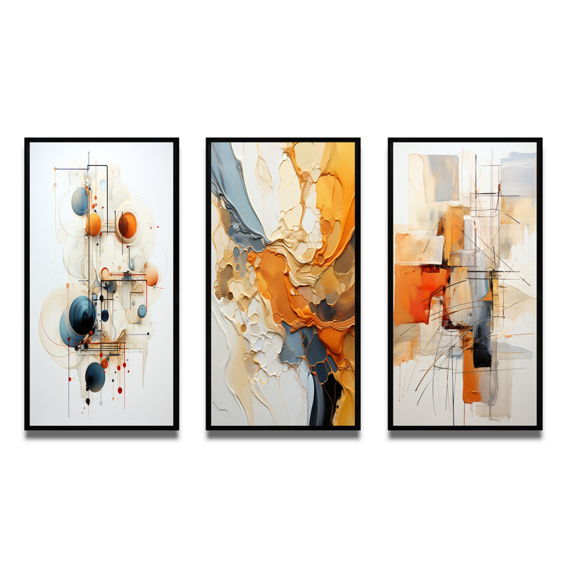 Sarcelle orange, dessin au trait, symbolisme conceptuel - art mural, ensemble de 3, Cadre flottant noir, H 40 po x l 60 po