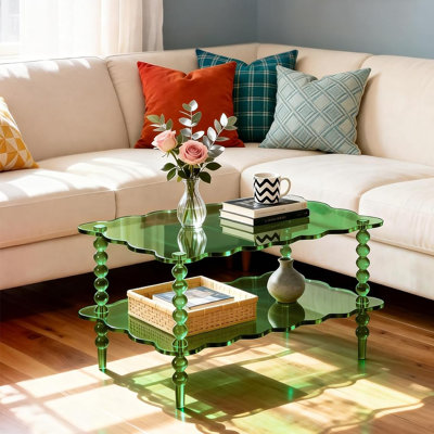 Table basse en acrylique, table de salon à 2 niveaux avec rangement, centre de table Mid-Modern Century (vert, 37,8 po x 23,6 po x 15,7 po)