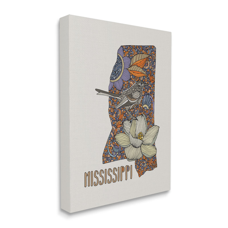Conception détaillée d'un motif d'oiseaux et de fleurs du Mississippi par Valentina Harper - cadre flottant, impression sur toile