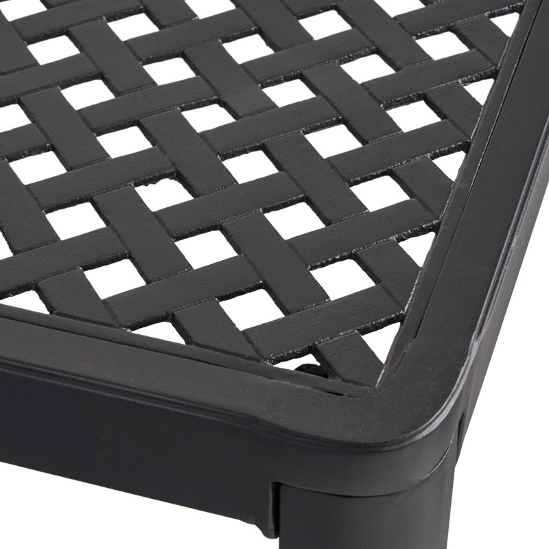 Modern Aluminum Woven Dining Table, Black Matte Antique Shade, Stable Base, 61.28”w X 61.28”d 28.99”h Table With Details, Rust- Construction, 61.28” 28.99